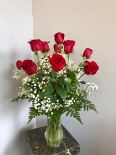 Dozen Roses Vased with Filler