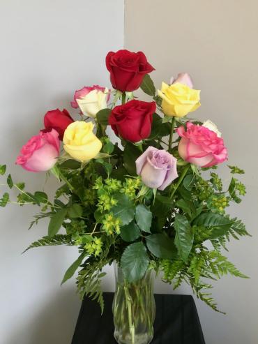 Dozen Colored Roses Vased