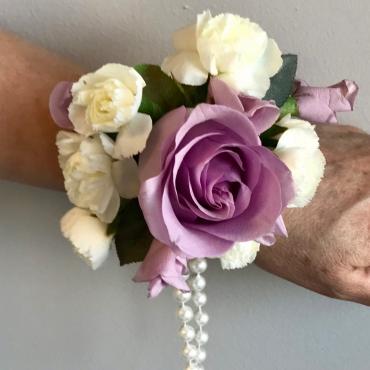 Lavender and White Pearls Wrist Corsage