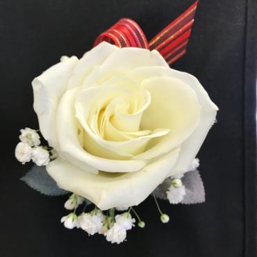 White Rose Boutonniere with Red Stripe Tab