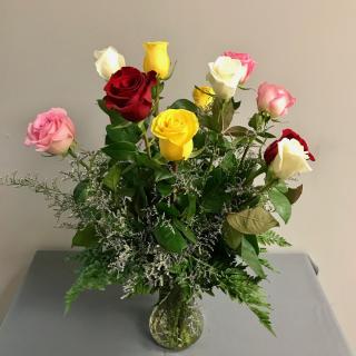 Dozen Mixed Roses Arranged with Filler