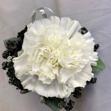 White Carnation Boutonniere with silver tab and filler